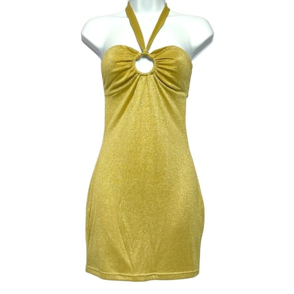 Beginning Boutique Gold Metallic Halter Mini‎ Dress Size 10 Keyhole Party Club